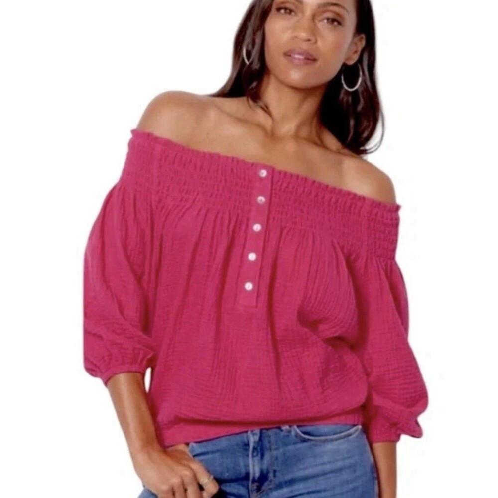Evereve Roan + Ryan Women’s Size Small Fuchsia Kamryn Gauze Off Shoulder Top